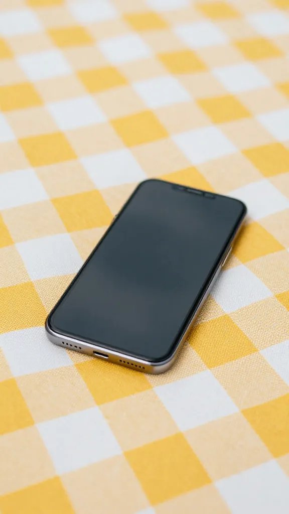 smartphone face-down on gingham picnic blanket, closeup
