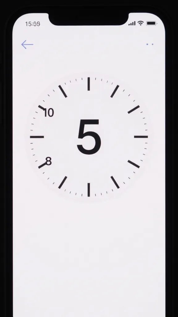 timer app on phone screen showing five minutes, macro shot