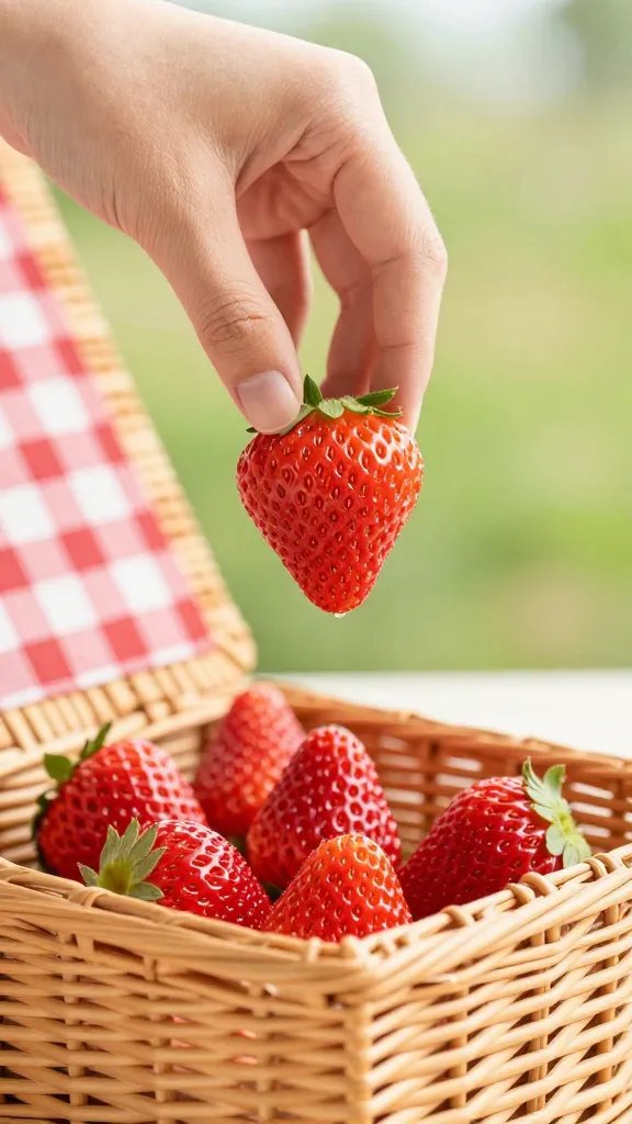 single strawberry held above picnic basket, shallow depth
