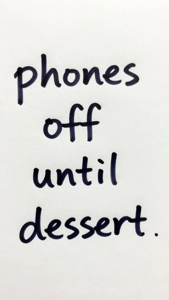handwritten “phones off until dessert” card, closeup