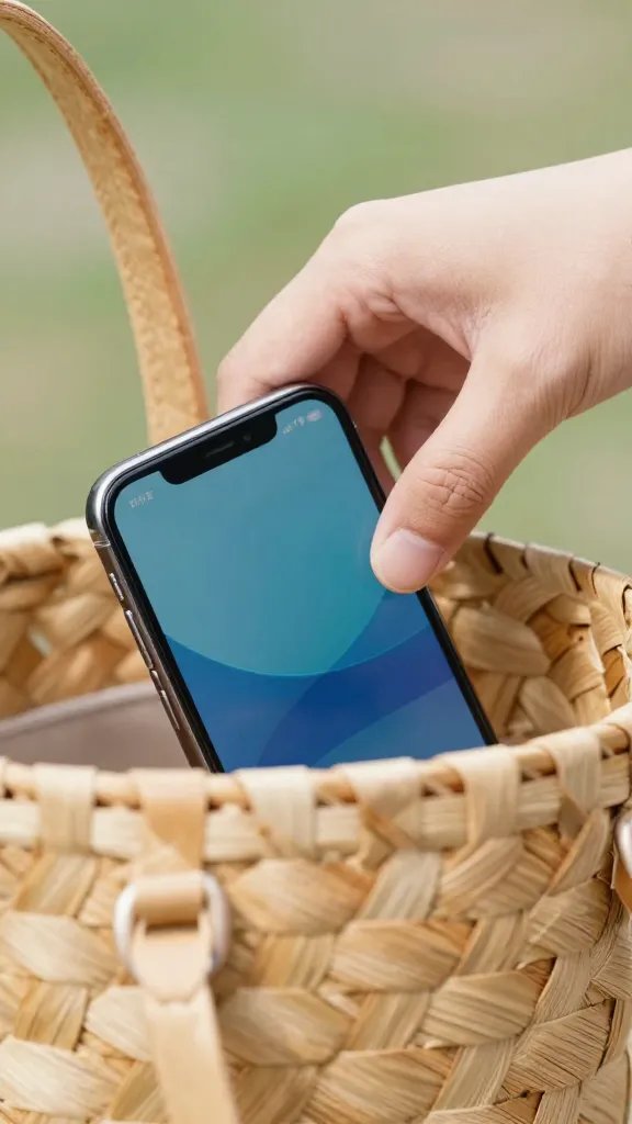 hand placing phone into woven picnic tote, closeup