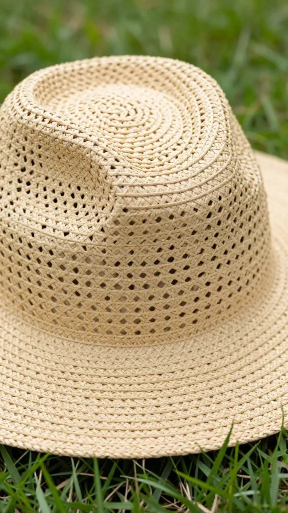 closeup of straw sun hat with wide brim on grass