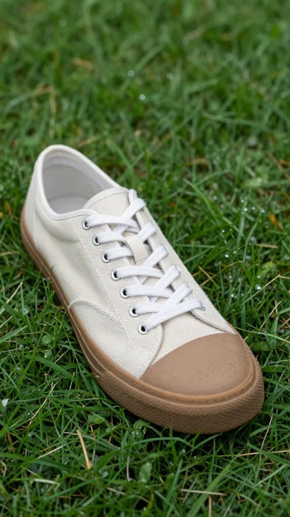 beige canvas sneaker with mud-resistant sole on dewy lawn