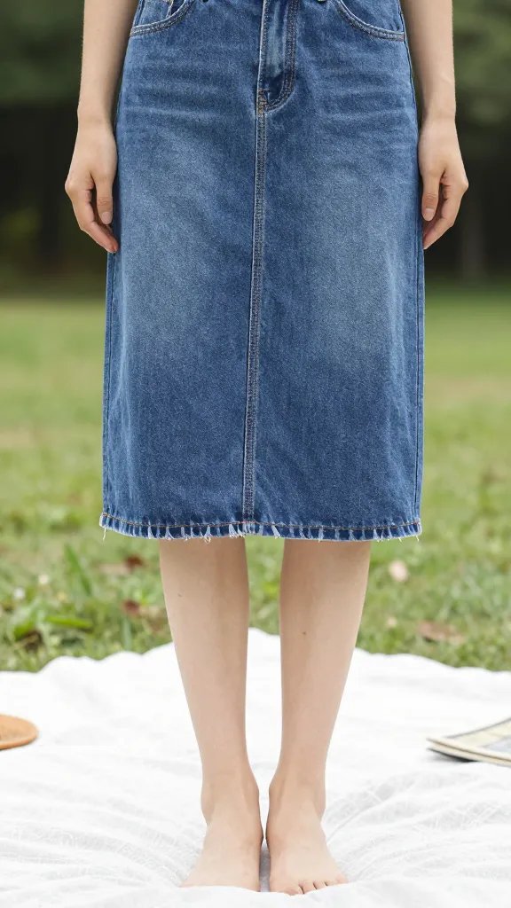 knee-length denim skirt hem grazing picnic blanket