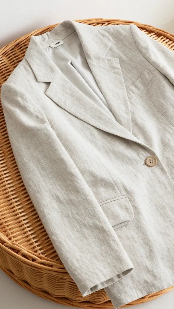 lightweight linen blazer draped over wicker basket lid