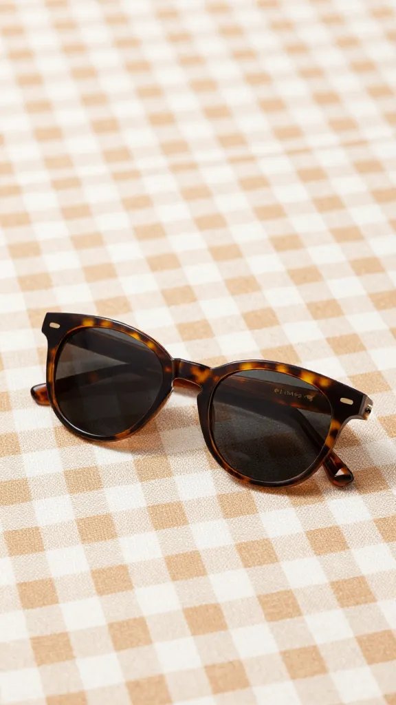 tortoiseshell sunglasses resting on gingham blanket corner