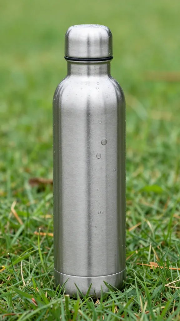 stainless steel water bottle with condensation on grass