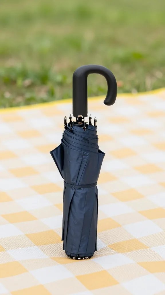 compact windproof umbrella handle on picnic blanket