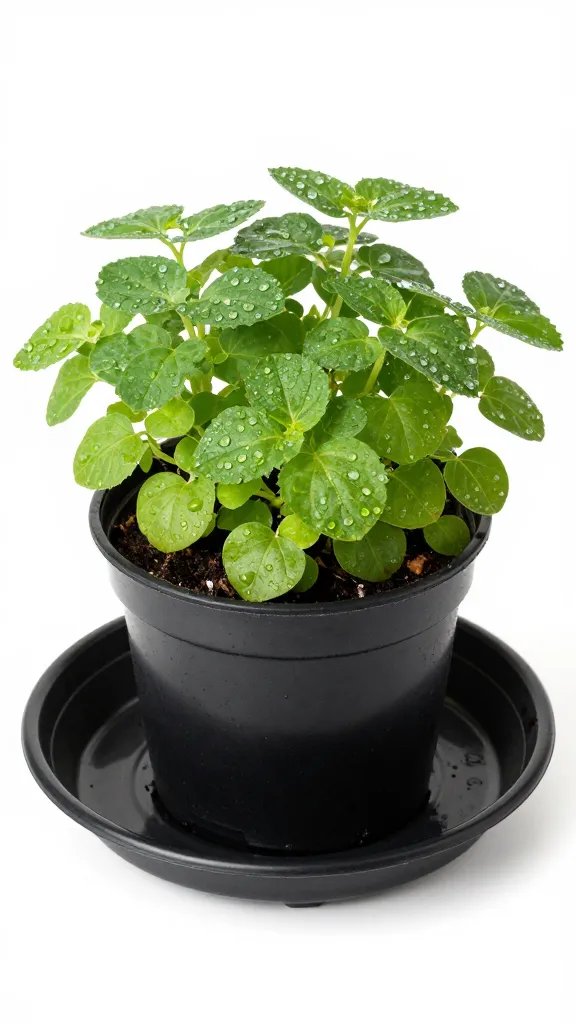 single black plastic saucer under potted herb, water beads visible