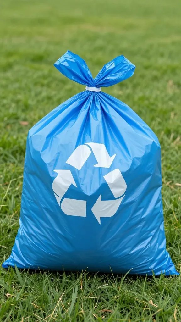 closeup of tied blue recycling bag on grass