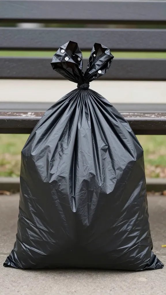single black trash bag with knot, park bench background