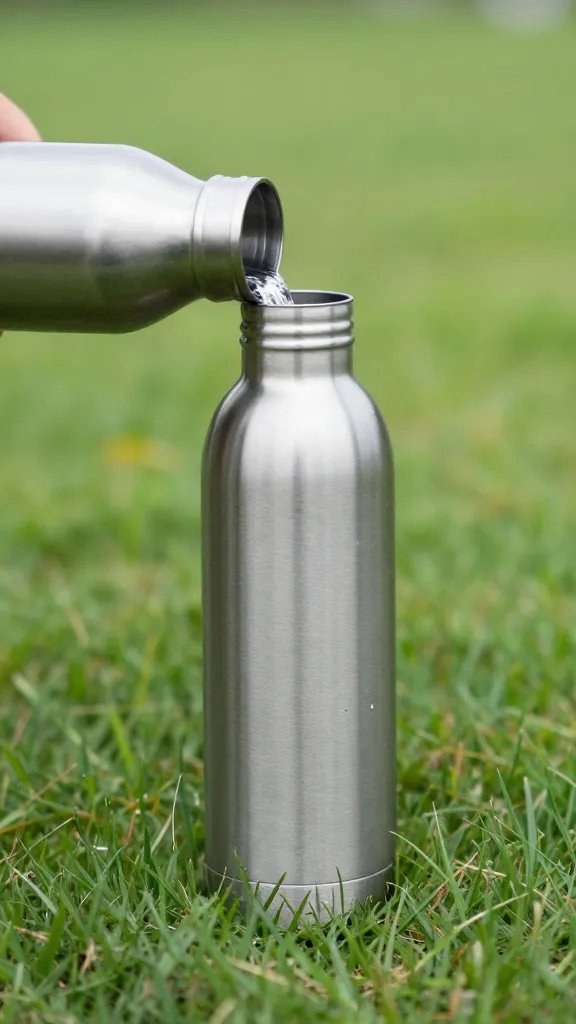 stainless steel water bottle being emptied into grass