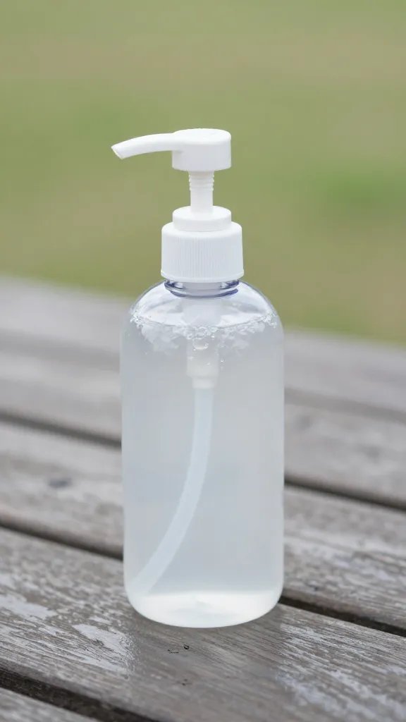 pump-style hand sanitizer bottle on picnic table