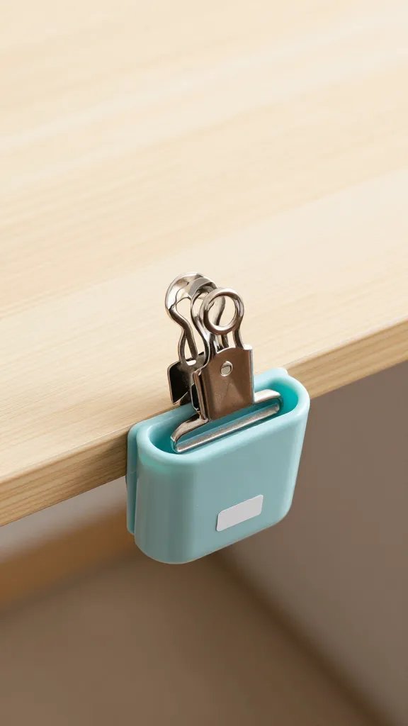clip-on trash bag holder attached to table edge