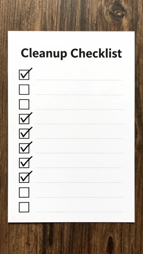 laminated cleanup checklist card with checkbox marks
