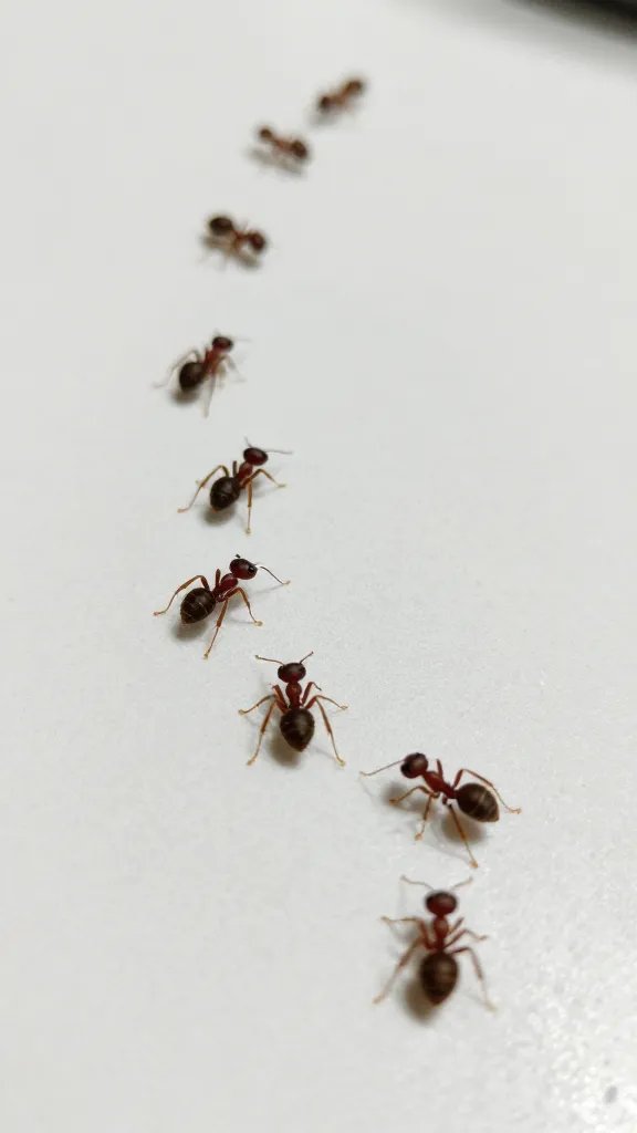 closeup sugar trail of ants on white countertop