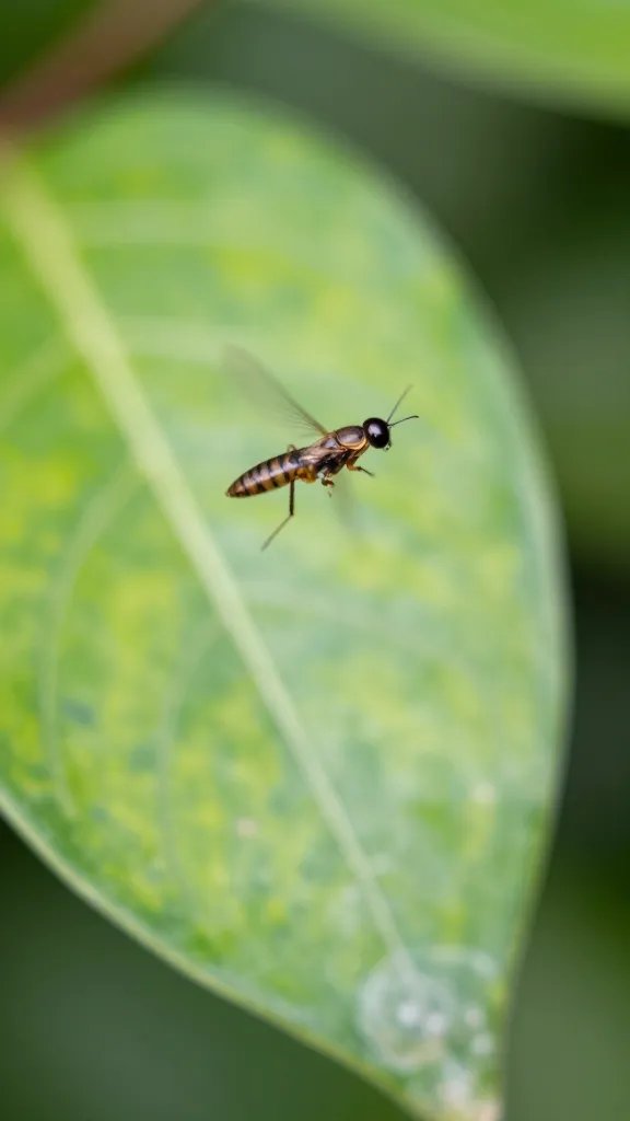 fungus gnat hovering above pothos leaf, macro