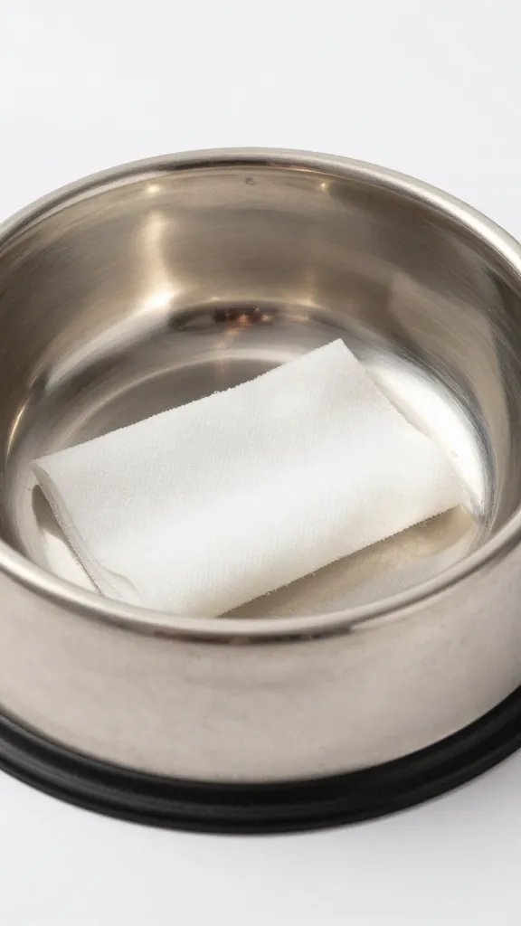 stainless pet bowl wiped dry at night, closeup