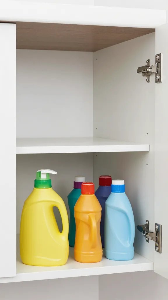 under-sink cabinet corner clutter cleared, single shelf
