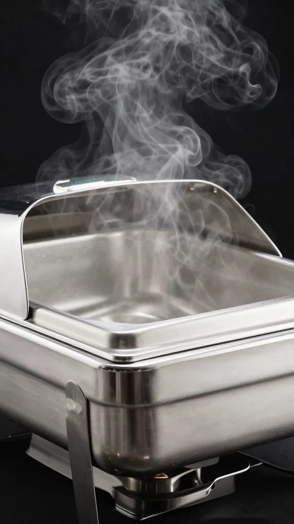 stainless buffet chafing dish with steam rising