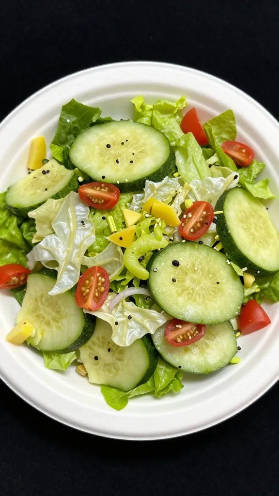 single white paper plate filled moderately with salad