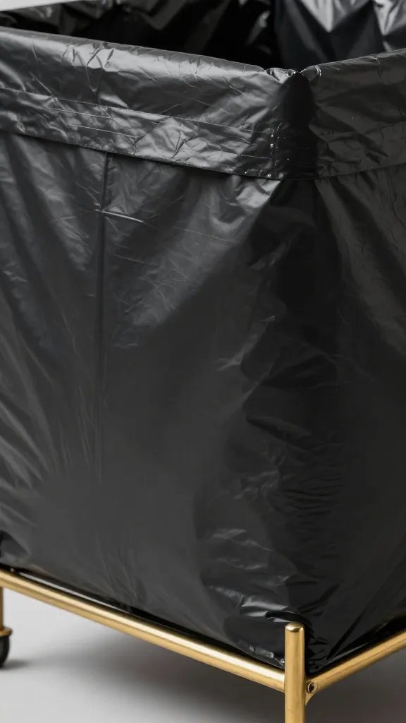 matte black rubbish bag on brass stand, closeup