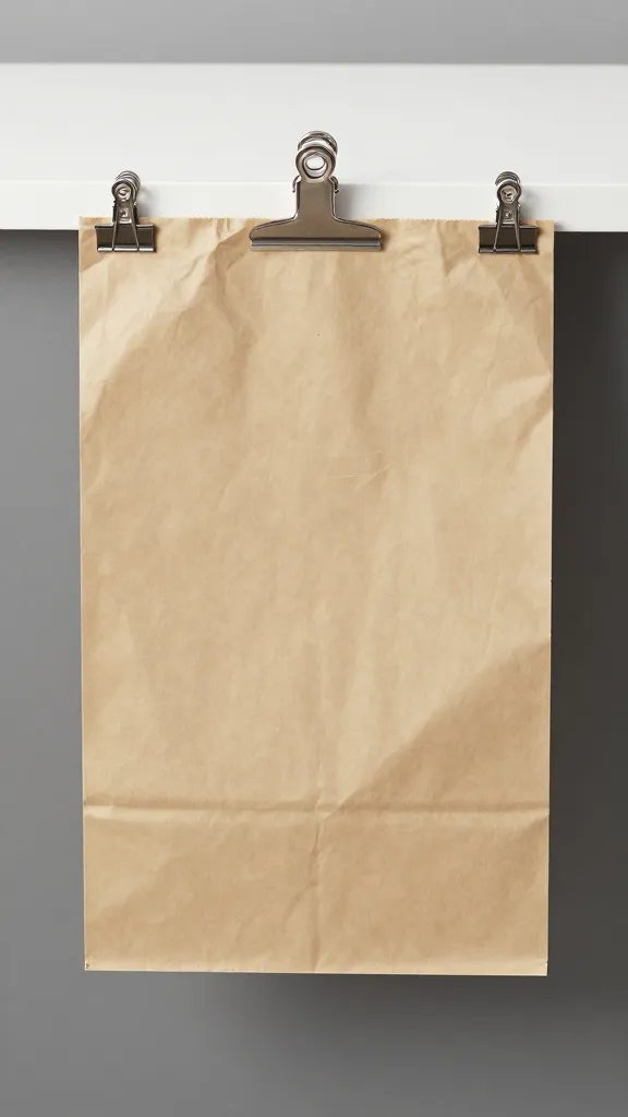 kraft paper rubbish bag clipped to counter edge