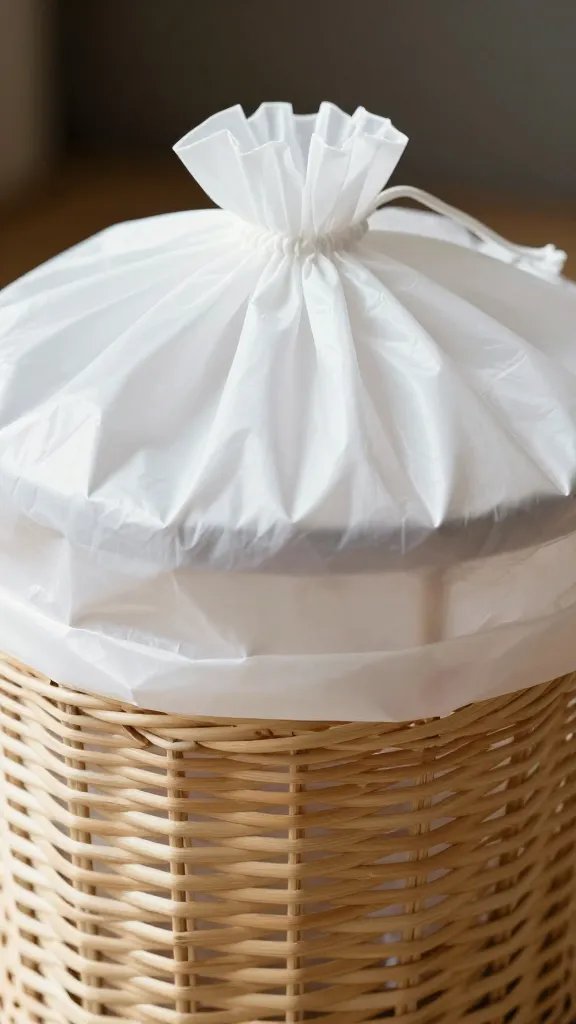 white drawstring trash bag in rattan holder, closeup