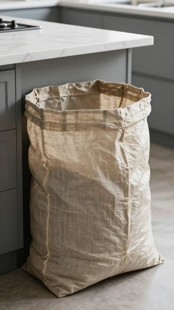 linen-covered rubbish bag beside kitchen island, closeup