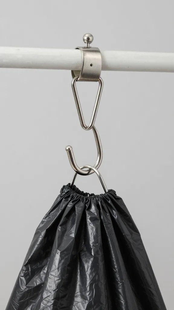 stainless bag hook with black trash bag, macro