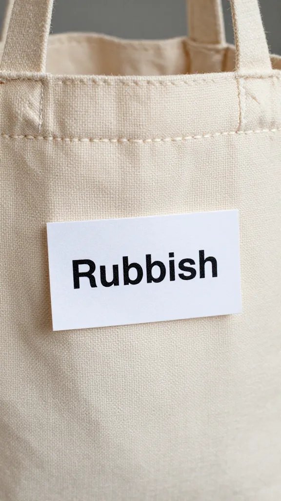 labeled “Rubbish” tag on canvas bag, closeup
