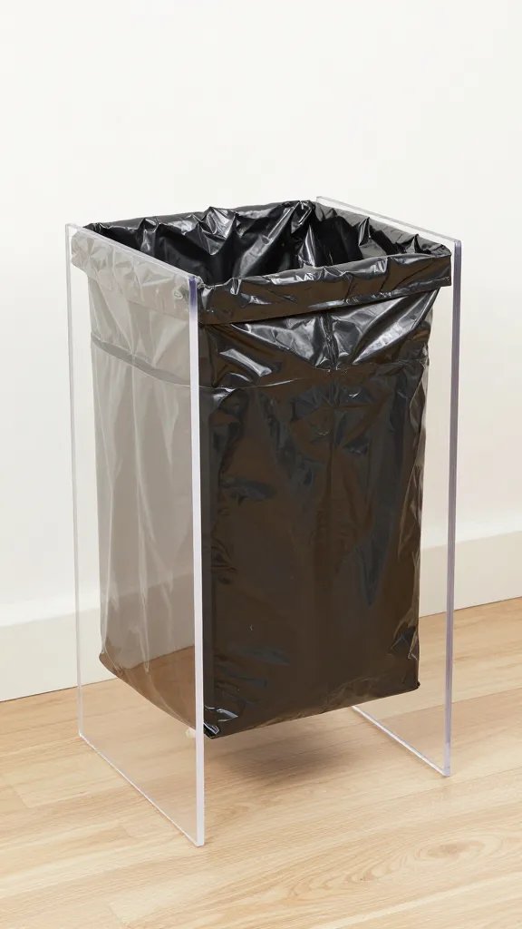 acrylic floor stand with discreet rubbish bag, closeup