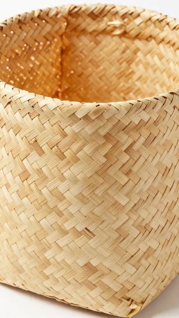 woven seagrass basket liner as rubbish bag, closeup