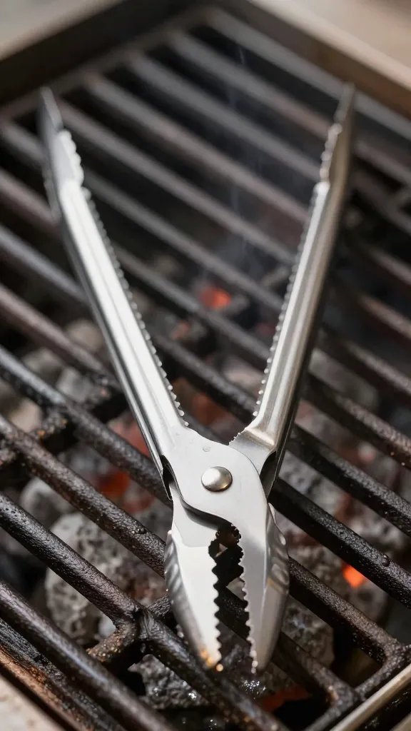 closeup of stainless grill tongs on hot grate