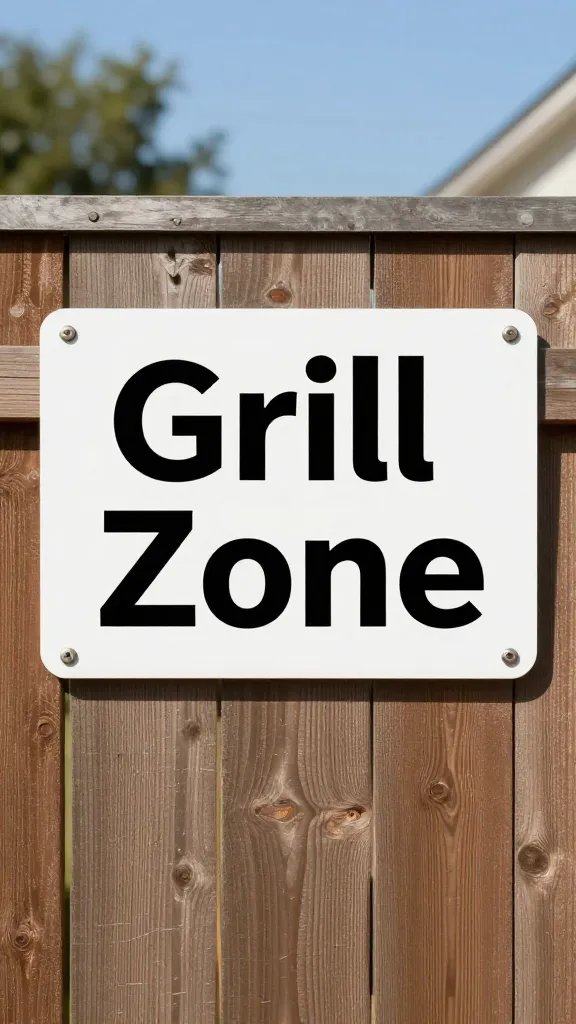single “Grill Zone” sign on backyard fence