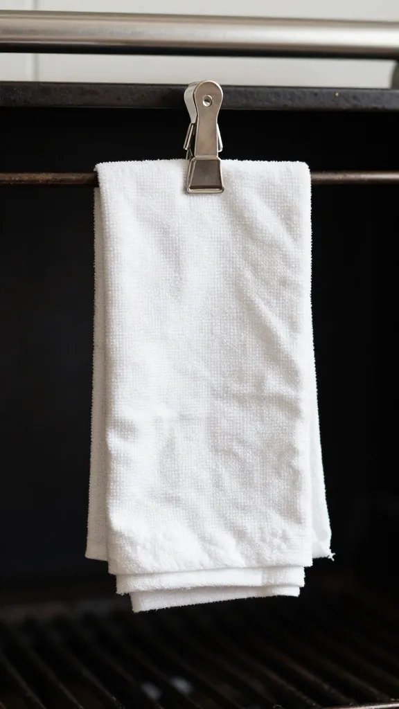 folded kitchen towel clipped to grill handle