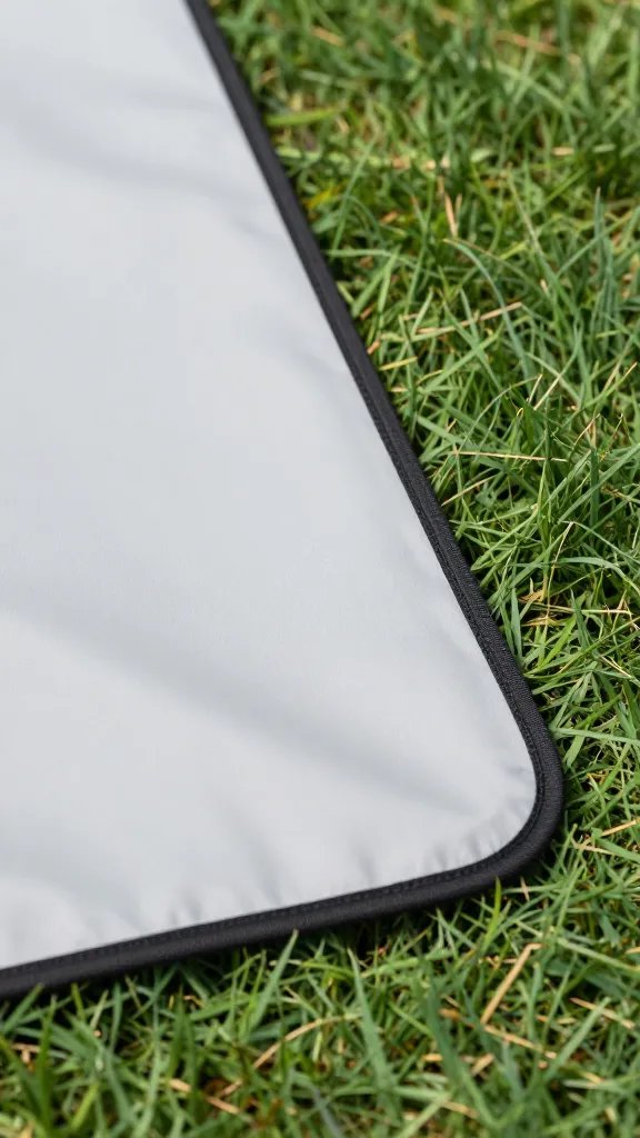 closeup of waterproof-backed picnic rug edge on grass