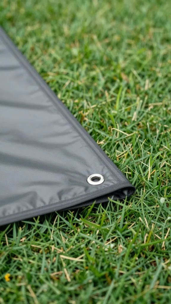 folded poly tarp corner with metal grommet on lawn
