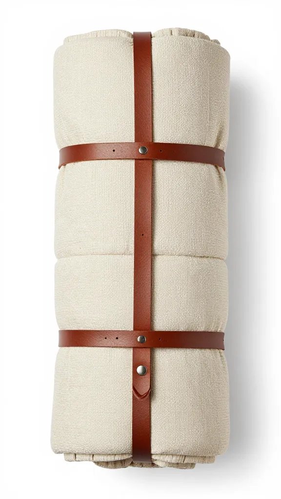 rolled picnic quilt secured with leather strap, top-down