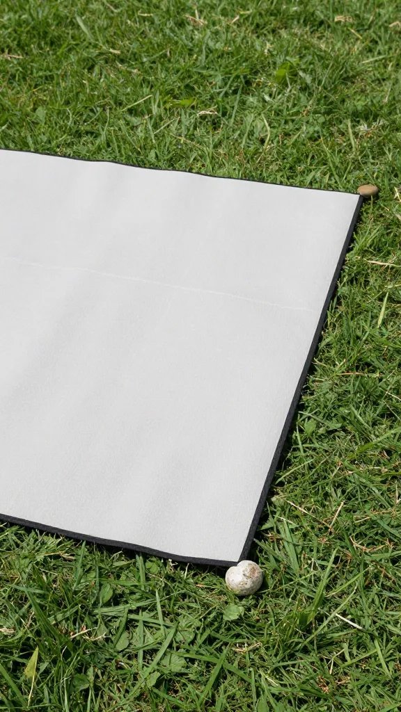 picnic rug corner weight stone on breezy grass