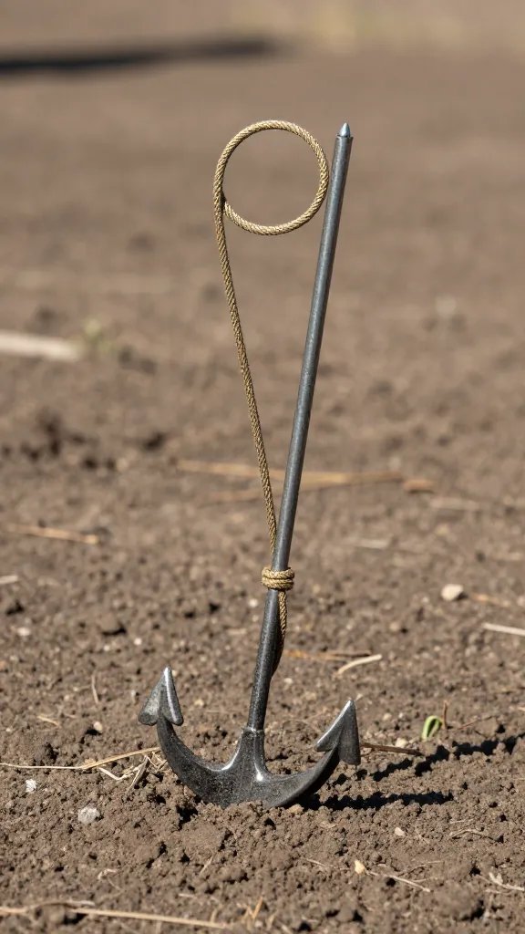 tarp stake anchored in soil, taut nylon loop
