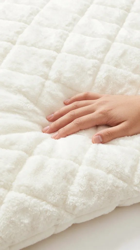 plush blanket loft test, fingers pressing cushioned weave