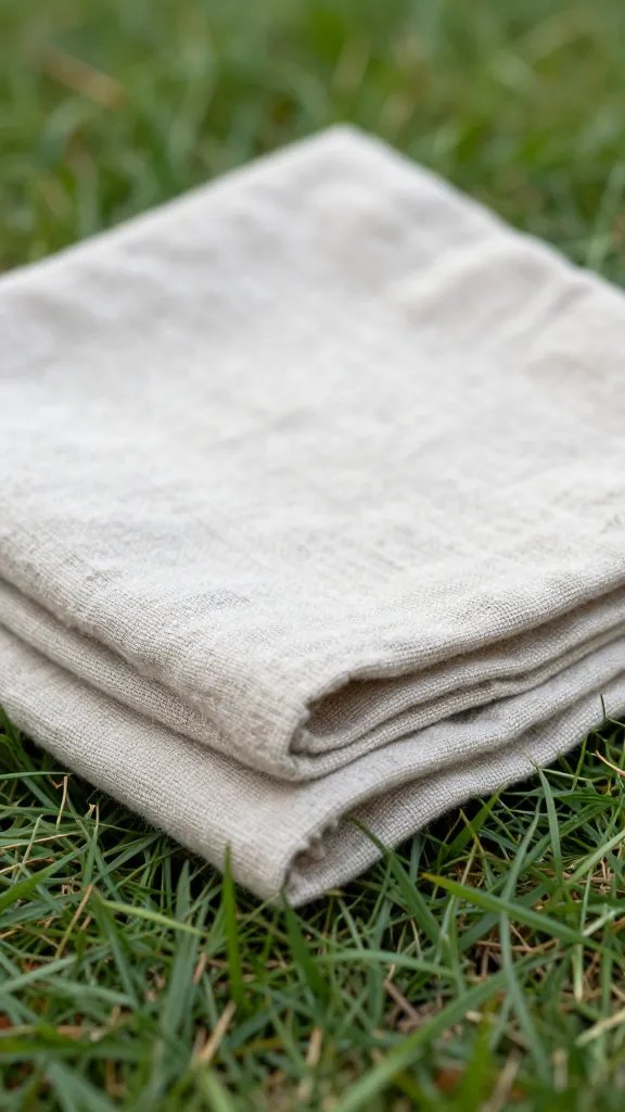 closeup of folded linen dining cloth on grass