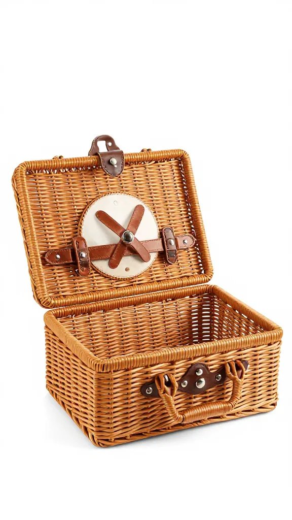 single wicker picnic basket with leather straps, open lid