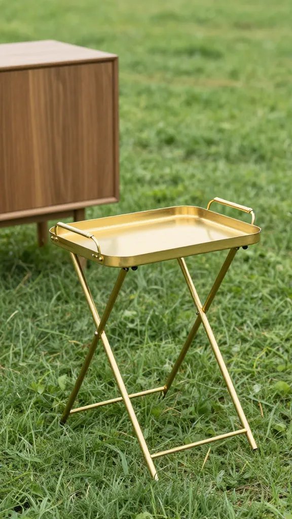 brass-handled folding tray table on lawn, sideboard setup