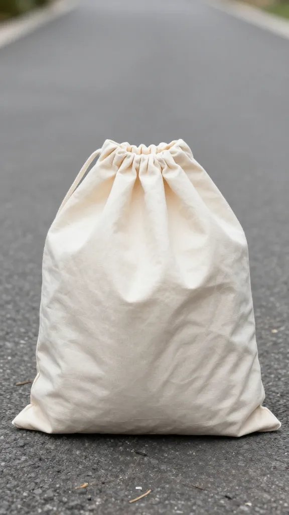 canvas refuse bag with drawstring, staked to ground
