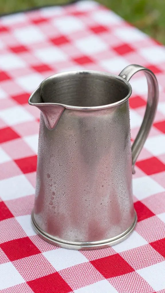 chilled pewter tankard with condensation on picnic cloth