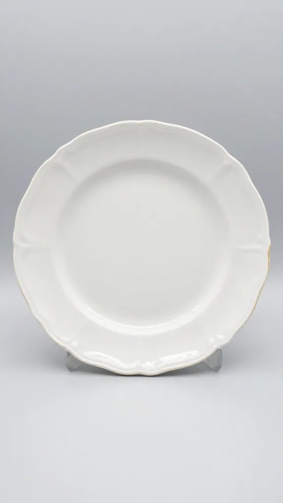 porcelain dinner plate with scalloped rim, empty and centered