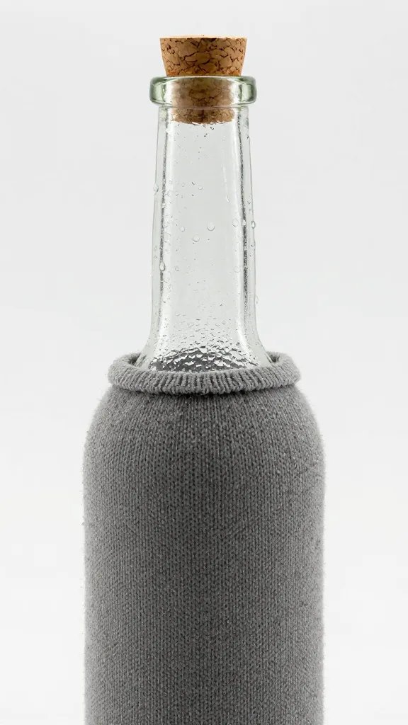 corked glass bottle in wool sleeve, beads of moisture