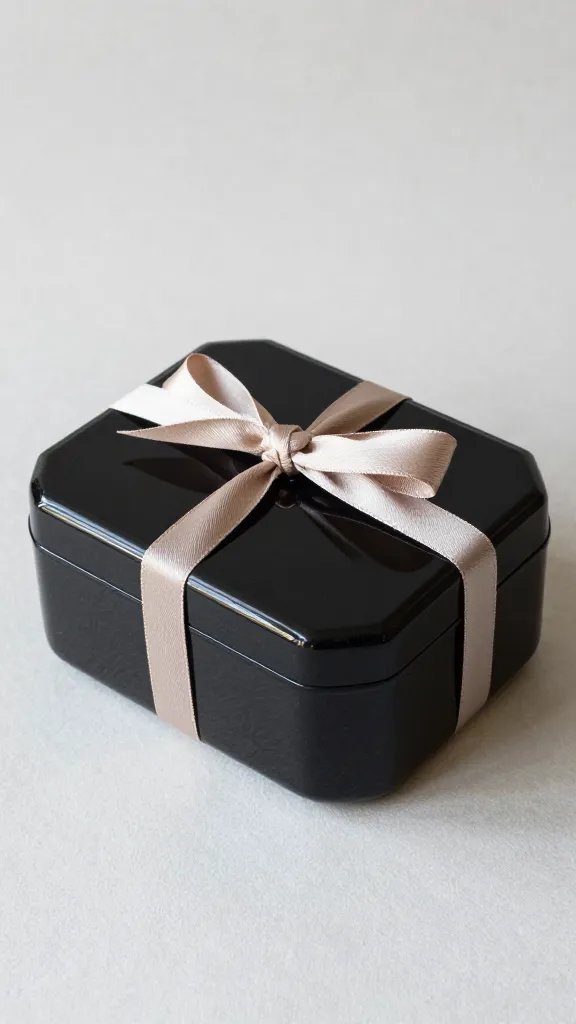 lacquered bento-style box closed, silk ribbon tied